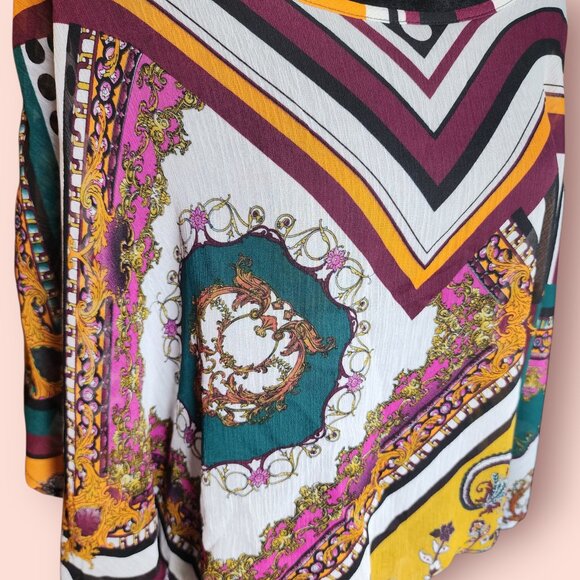 Agenda boho multi-patterned billowy blouse drawstring hem batwing sleeves size S - Picture 4 of 5